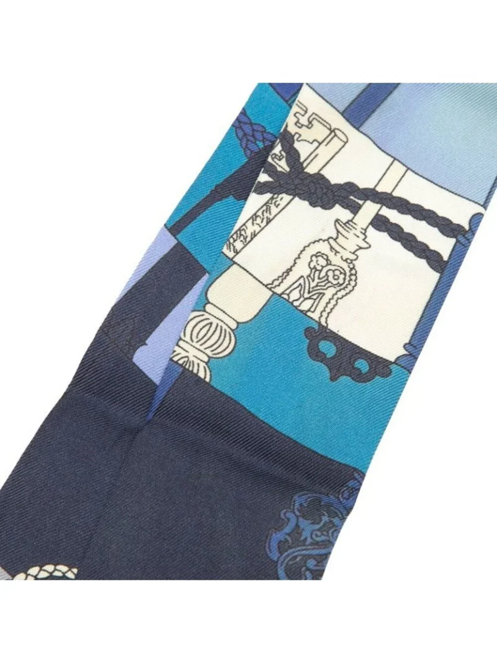 Hermes Twilly Spiral to the Key Tours de Cles Scarf Blue Silk